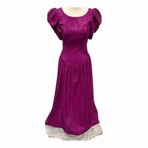VTG 80s Magenta PUFF SLEEVE Formal Dress Women's ILGWU USA Made Lace Hem Prom